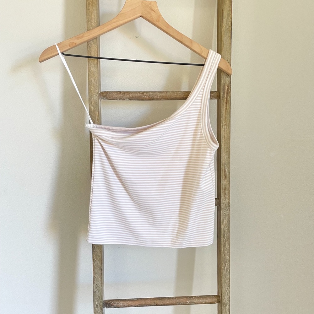 Aerie Light Pink and White Striped One Shoulder Top - Picture 2 of 3